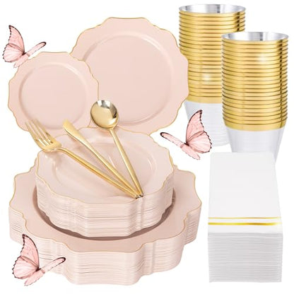 WDF 175Pcs Pink Plastic Plates - Pink and Gold Plates Disposable 25guest Plastic Dinnerware Ideal for Bridal Shower/Wedding/Baby Shower/Fall Party/Thanksgivng - color: Pink and Gold, size: 175 pieces