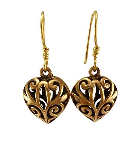 Real Bronze Puffy Filigree Heart Drop Dangle Earrings Fish Hook Bronze Jewelry Gifts