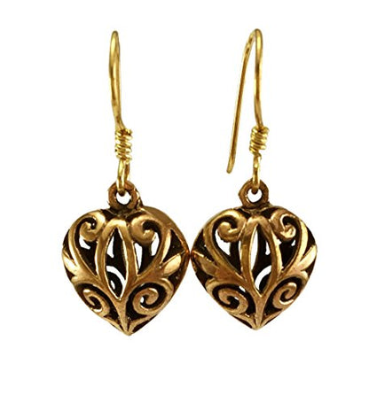 Real Bronze Puffy Filigree Heart Drop Dangle Earrings Fish Hook Bronze Jewelry Gifts