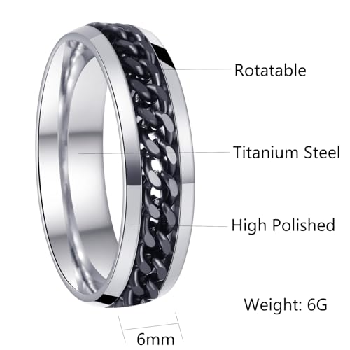 Mens Fidget Rings Anxiety Ring for Men 6mm 8mm Chain Spinner Ring Size 5-14 - color: Titanium Silver Black
