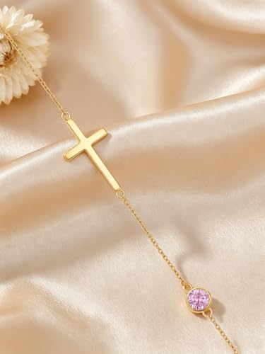 OJK 14K Gold Cross Necklace for Women Sideways Cross Birthstone Jewelry - color: 10-Pink Tourmaline
