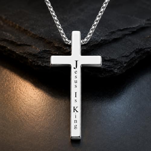 Engraved Cross Necklace for Men, Women & Boys & Girls Cross Necklace, Stainless Steel Cross Pendant Necklace, Faith & Inspiration Christian Jewelry Gift - color: Jesus Is King