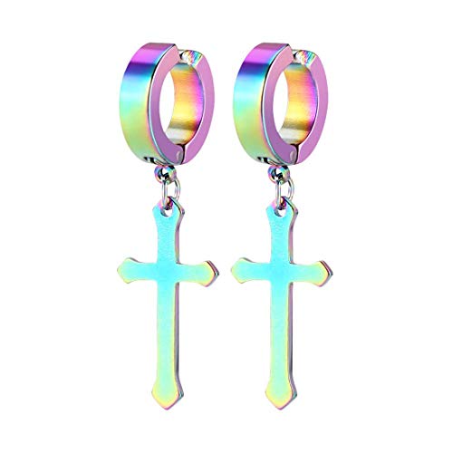 Non-pierced Earrings Set for Men Women Cross Titanium Steel Hoop Dangle Clip On Earring - style: colorful