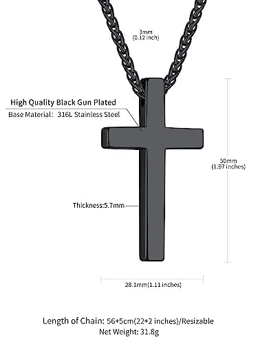 ChainsHouse Cross Necklace for Men, Black/18K Gold Plated/Stainless Steel Christian Jewelry Cross Pendant Necklace for Men, with Gift Box - color: c: Plain Cross-Black