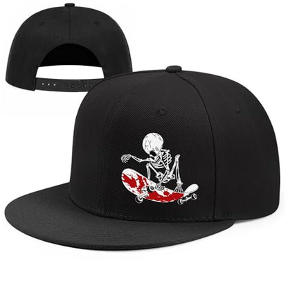 Skull Flat Bill Hats for Men Women Adjustable Dad Trucker Hat Skeleton Snap Backpack Hats for Hip-hop Running Cycling - color: Skateboard Skull