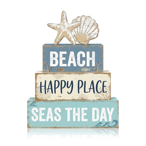 Britimes Tiered Tray Decor Set, 4 Pack, Wooden Table Signs, Coastal Beach - style: Coastal Beach