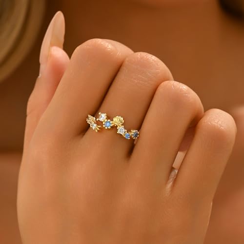 18K Gold Plated Cubic Zirconia Adjustable Open Rings for Women - color: Blue CZ