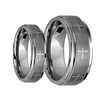Tungsten Jeweler Wedding Rings for Him and Her - 8MM/6MM Brushed Center With Laser Cross Engraved Shiny Edge - Couple Rings Set - Wedding Bands for Couples - Wedding Band Sets for Couples