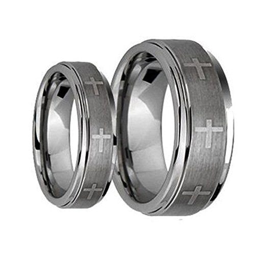 Wedding Rings for Him and Her - 8MM/6MM Brushed Center With Laser Cross Engraved Shiny Edge Tungsten Carbide - Couple Rings Set - Wedding Bands for Couples - Wedding Band Sets for Couples