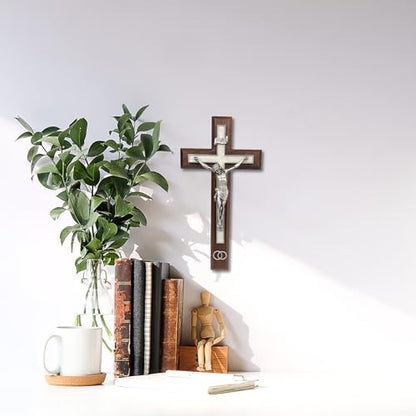 Needzo Walnut Wood Crucifix with Pewter Corpus and Wedding Rings, Marriage Gifts for Couples, Religious Ceremony, 10 Inches