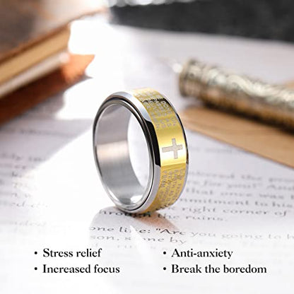 King Will 8mm Black/Gold/Silver Prayer Stainless Steel Ring - color: Silver & Yellow