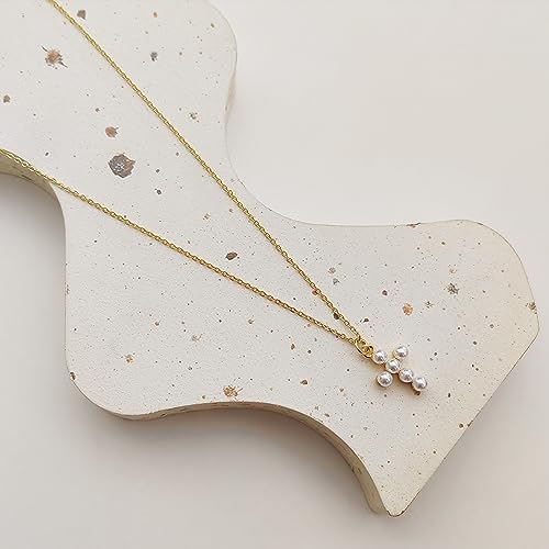 LULII Cross Necklace for Women Dainty 14K Gold Silver Plated Small Cross Pendant Choker Simple Cute Cross Gold Necklace for Women Trendy Faith Jewelry Gift - color: Pearl Cross-Gold