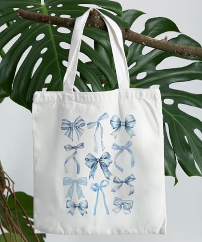 Coquette Bow Bible Canvas Tote Bag for Women Teens Teen Girls, Pink Bow Girls Tote Bag, Coquette Gifts - color: Blue Bow