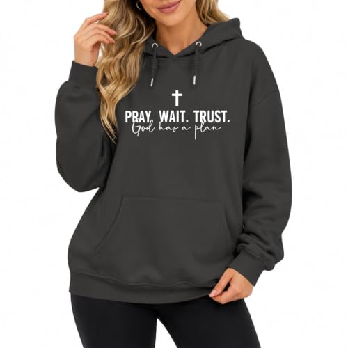Wrenpies Christian Faith Hoodie for Women Jesus God Religious Bible Verse Hoodies Cross Pray Wait Trust Graphic Sweatshirt - color: Deep Gray, size: X-Large