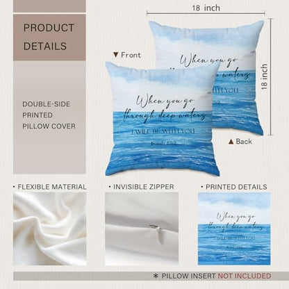 Coastal Beach Christian Throw Pillow Covers 18x18 Inch, Blue Ocean Beach Bible Verse Decorative Pillow Cover for Bedroom Living Room Couch Sofa, Religious Accent Pillows Cover Pillowcases