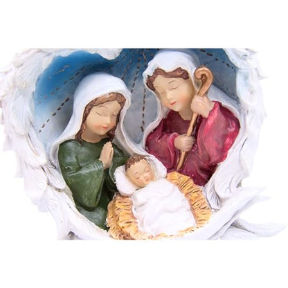 Wowser Nativity Scene Figurine with Angel Wings, Holy Family Christmas Decoration, Mary Joseph Baby Jesus Statue, Religious Holiday Tabletop Decor, 6.5 Inch Resin Keepsake Gift