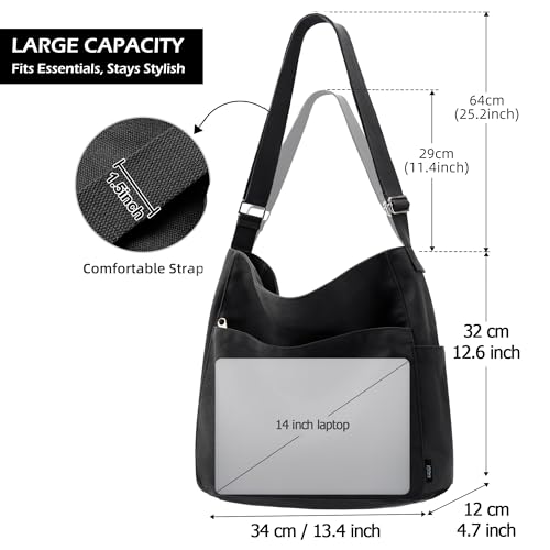 KALIDI Canvas Tote Bag Zipper Large Crossbody Shoulder Bag Messenger Bag - color: Black