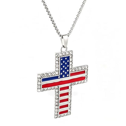 American Flag Cross Pendant Necklace, Silver-Tone, Stars and Stripes, Patriotic Religious Jewelry,for a gift box - color: Silver1