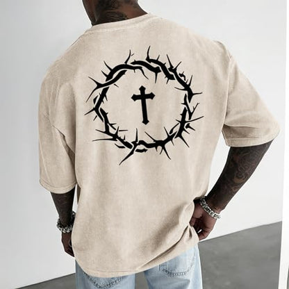 Mens Faith Over Fear Christian Shirts Jesus God Religious Bible Verse Cross Tshirt Oversized Acid Wash Graphic Tees - color: Apricot, size: Large