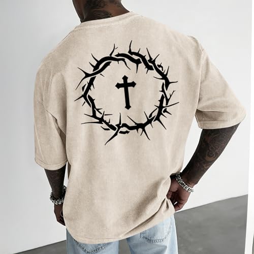 Mens Faith Over Fear Christian Shirts Jesus God Religious Bible Verse Cross Tshirt Oversized Acid Wash Graphic Tees - color: Apricot, size: X-Large