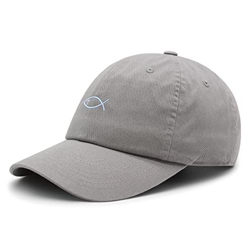 JPAK Jesus Fish Symbol Premium Dad Hat Embroidered Cotton Baseball Cap Symbol of Christianity - color: Light Gray