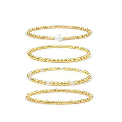 Gold Bracelets for Women Jewelry - Easter Basket Stuffers, Cross/Pearl/Beaded Bracelets Set, Dainty 14K Gold Plated Beaded Bracelets Stack, Birthday Easter Gifts for Women - color: 1Cross+2Bead+1Pearl