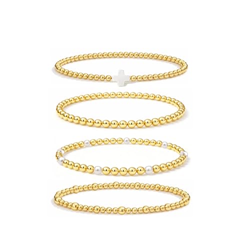Gold Bracelets for Women Jewelry - Easter Basket Stuffers, Cross/Pearl/Beaded Bracelets Set, Dainty 14K Gold Plated Beaded Bracelets Stack, Birthday Easter Gifts for Women - color: 1Cross+2Bead+1Pearl