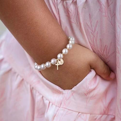 Cross Initial Bracelet Dainty Gold Cross Pearl Bracelet with Letter A-Z Christian Baptism Gifts Religious Faith Jewelry Stocking Stuffers for Teens - color: Gold E