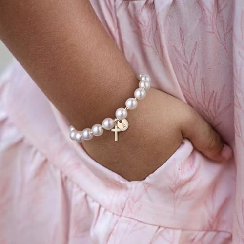Cross Initial Bracelet Dainty Gold Cross Pearl Bracelet with Letter A-Z Christian Baptism Gifts Religious Faith Jewelry Stocking Stuffers for Teens - color: Gold E