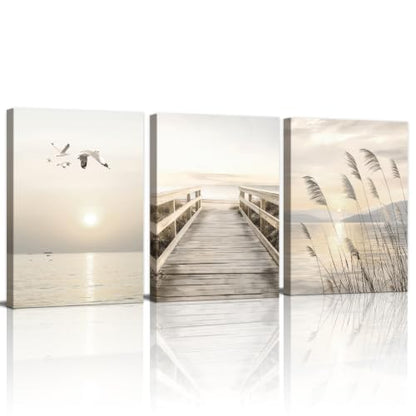 WENGTIAO Seascape Wall Art Beige Reeds Sunset Canvas Paintings 16"x24"x3 - color: Peaceful Bridge Beside Sea, size: 16"x24"x3Pcs