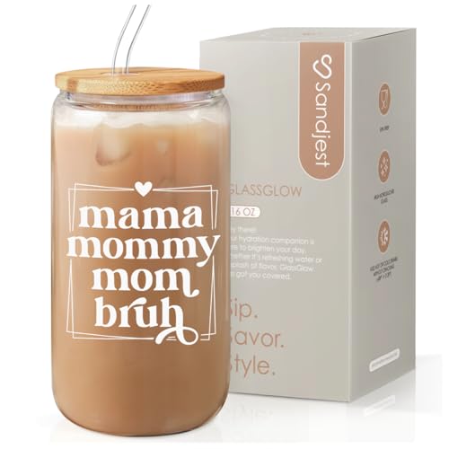 SANDJEST Mother Glass Can, Mama Mommy Mom Bruh Cup with Lid & Straw, Iced Coffee Aesthetic Cups, Idea Gift for Christmas Birthday Mother Day, Gifts for Women, 16oz - color: Mom 3