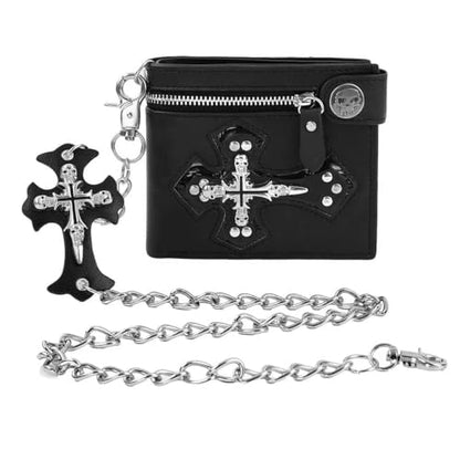 ZEKEE Skull Gothic Chain Wallet Leather Punk Bifold Halloween Goth Accessories Unisex (Jesus' Crucifixion Wide version) - style: Jesus' Crucifixion Wide Version