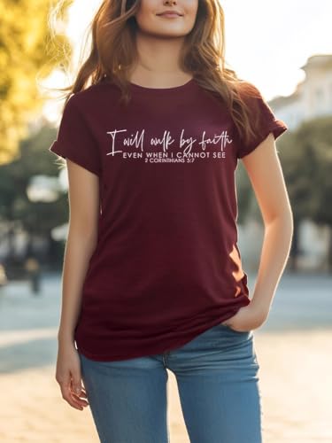 Women Bible Verse Print Christian T Shirt - color: Wine Red1, size: Medium