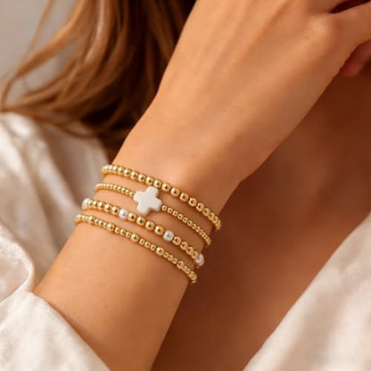 Gold Bracelets for Women Jewelry - Easter Basket Stuffers, Cross/Pearl/Beaded Bracelets Set, Dainty 14K Gold Plated Beaded Bracelets Stack, Birthday Easter Gifts for Women - color: 1Cross+2Bead+1Pearl