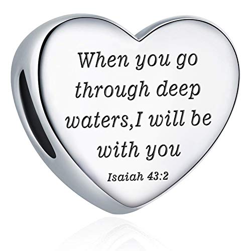 Heart Charm Fit Pandora Charms Bracelet Christian Bible Verse Charm Prayer Faith Religious Charms Gifts for Women - style: When you go through deep waters, I will be with you Isaiah 43:2