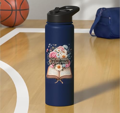 Faith-Based Floral Scripture Design for Women Stainless Steel Insulated Water Bottle - color: Navy Blue