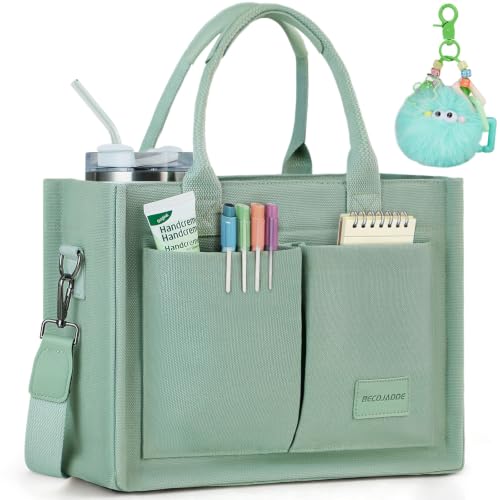 BECOJADDE Structured Canvas Tote Bag for Women, Multi-Compartment Zippered Purse for Work Bible Travel - color: Green, size: Large