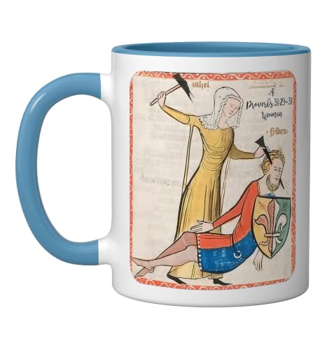 Proverbs 31 29 31 Woman Medieval Christian Art Design Ceramic Mug, Blue/White, 11oz - color: Blue/White, size: 11 Ounces