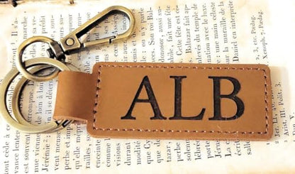 Custom Text Leather Keychain, Bronze Key Ring and Clip