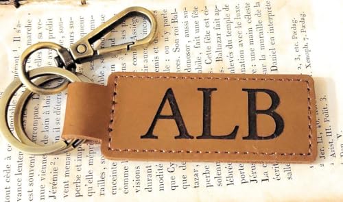Custom Text Leather Keychain, Bronze Key Ring and Clip