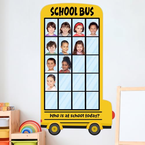 25×14In Yellow Bus Classroom Attendance Chart Who is at School Today DIY Photo Display Board Classroom Management Teacher Tools Back to School Bulletin Board Decor for Preschool Kindergarten Daycare