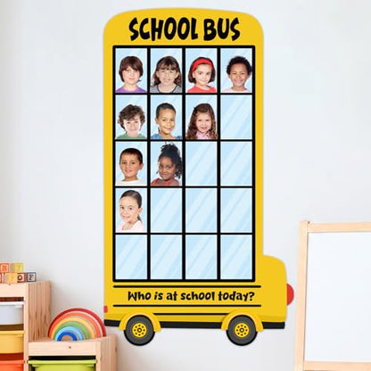 25×14In Yellow Bus Classroom Attendance Chart Who is at School Today DIY Photo Display Board Classroom Management Teacher Tools Back to School Bulletin Board Decor for Preschool Kindergarten Daycare