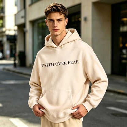 Faith Over Fear Christian Hoodies for Men Religious Jesus Hoodie Bible Verse Graphic Sweatshirt Fleece Pullover - color: Apricot, size: X-Large
