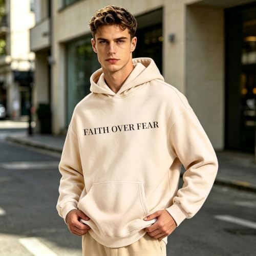 Faith Over Fear Christian Hoodies for Men Religious Jesus Hoodie Bible Verse Graphic Sweatshirt Fleece Pullover - color: Apricot, size: XX-Large