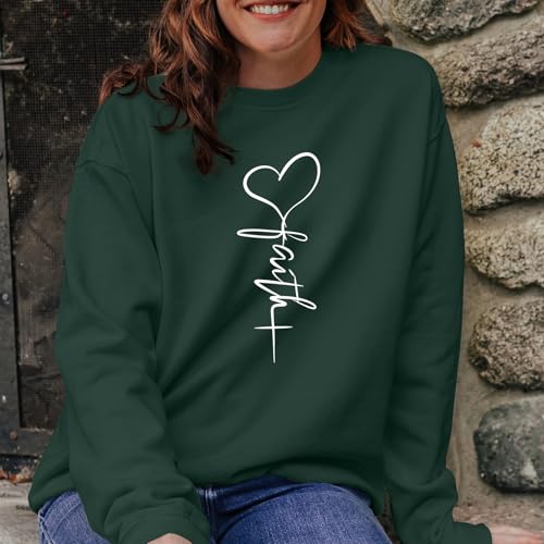 KIEKIECOO Faith Christian Sweatshirts for Women Religious Crewneck Sweatshirt Letter Print Fall Pullover Long Sleeve Tops - color: Green, size: XX-Large