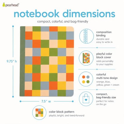 Pearhead Color Block Composition Notebook — College-Ruled, 160 Pages, 7.5" x 9.75", Smooth 80 GSM Paper, Retro Checkerboard Pattern Journal for School, Office & Everyday Writing - color: Colorblock Composition Notebook