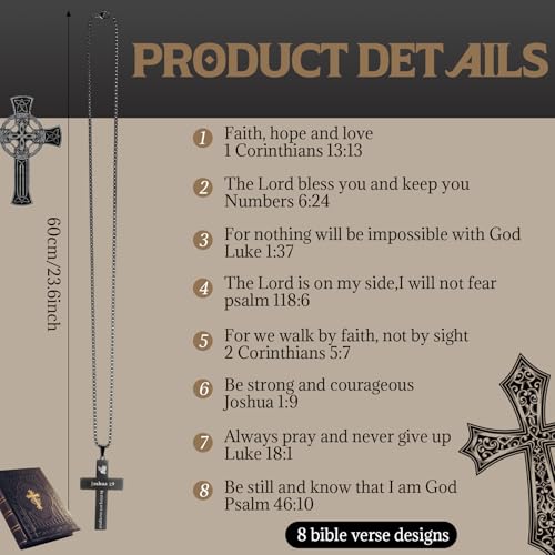 Ecally 8 Pcs Christian Cross Necklace for Men Father Religious Black Silver Stainless Steel Cross Church Gift USA Flag Chain - color: Mix