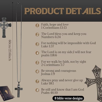 Ecally 8 Pcs Christian Cross Necklace for Men Father Religious Black Silver Stainless Steel Cross Church Gift USA Flag Chain - color: Mix