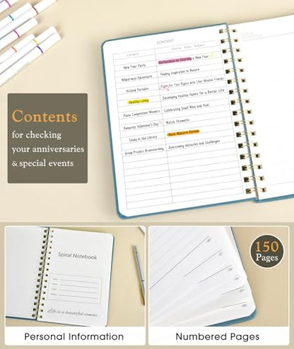 Lined Spiral Journal Notebook, A5 Hardcover Spiral Journals for Women Men, 150 Numbered Pages Spiral Bound Notebook, 100 GSM College Ruled Notebooks for Writing Note Taking 5.75" x 8.38", Misty Blue - color: Misty Blue