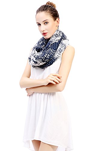 Lina & Lily Holiday Christmas Pattern Print Women's Infinity Scarf Lightweight - color: Blue White, Nordic Reindeer Snowflake